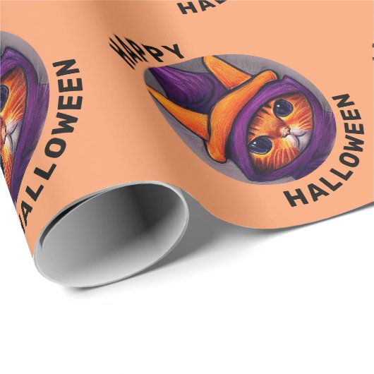 Orangefarbene Katze mit Lila Hexenhutenhappenhamme Geschenkpapier (Rolleneckpunkt)