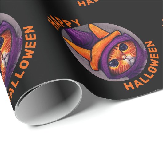 Orangefarbene Katze mit Lila Hexenhutenhappenhamme Geschenkpapier (Rolleneckpunkt)