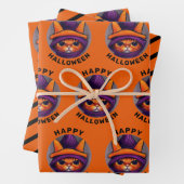 Orangefarbene Katze mit Lila Hexenhutenhappenhamme Geschenkpapier Set (Beispiel)