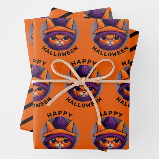 Orangefarbene Katze mit Lila Hexenhutenhappenhamme Geschenkpapier Set (Beispiel)