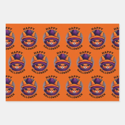 Orangefarbene Katze mit Lila Hexenhutenhappenhamme Geschenkpapier Set (Vorderseite)