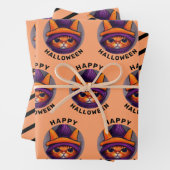Orangefarbene Katze mit Lila Hexenhutenhappenhamme Geschenkpapier Set (Beispiel)