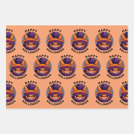 Orangefarbene Katze mit Lila Hexenhutenhappenhamme Geschenkpapier Set (Vorderseite)