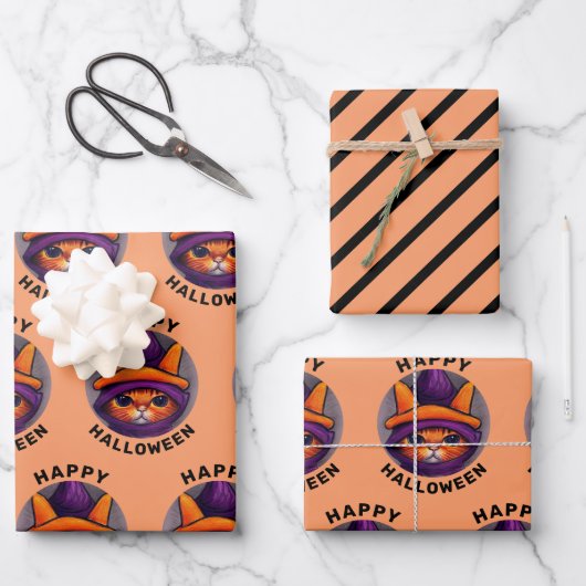 Orangefarbene Katze mit Lila Hexenhutenhappenhamme Geschenkpapier Set (Vorderseite)