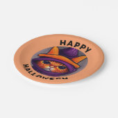 Orangefarbene Katze mit Lila Hexenhutenhappenhamme Pappteller (Schrägansicht)