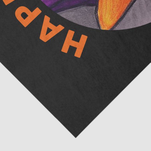 Orangefarbene Katze mit Lila Hexenhutenhappenhamme Seidenpapier (Detail)