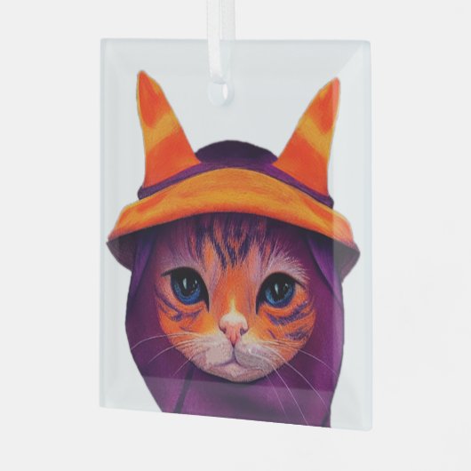 Orangefarbene Katze mit Lila Hexenhuttholz Ornament Aus Glas (Vorderseite links)