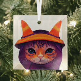 Orangefarbene Katze mit Lila Hexenhuttholz Ornament Aus Glas
