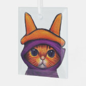 Orangefarbene Katze mit Lila Hexenhuttholz Ornament Aus Glas (Vorderseite links)