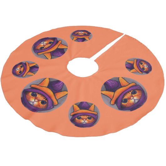 Orangefarbene Katze mit Lila Hexenhuttholz Polyester Weihnachtsbaumdecke (Schrägansicht)