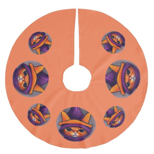 Orangefarbene Katze mit Lila Hexenhuttholz Polyester Weihnachtsbaumdecke (Vorderseite)