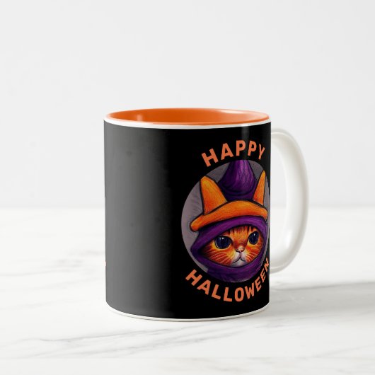 Orangefarbene Katze mit Lila Hexenhuttholz Zweifarbige Tasse (VorderseiteRechts)