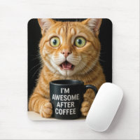 Orangefarbene Katze mit lustiger Kaffee-Tasse