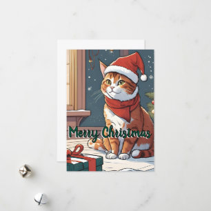 Orangefarbene Katze mit Weihnachtshut süße Tier Feiertagskarte