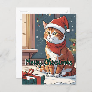 Orangefarbene Katze mit Weihnachtshut süße Tier Feiertagspostkarte