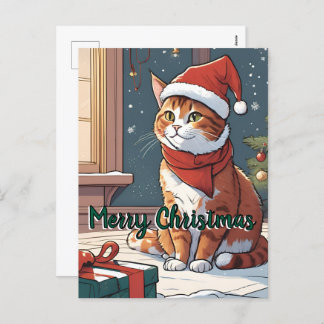 Orangefarbene Katze mit Weihnachtshut süße Tier Feiertagspostkarte