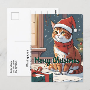 Orangefarbene Katze mit Weihnachtshut süße Tier Postkarte