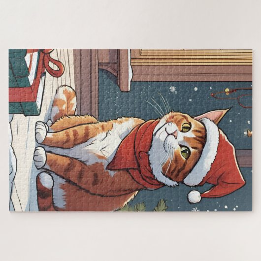 Orangefarbene Katze mit Weihnachtshut süße Tier Puzzle (Horizontal)