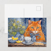 Orangefarbene Katze mit Zitrone Tee Postkarte (Vorne/Hinten)