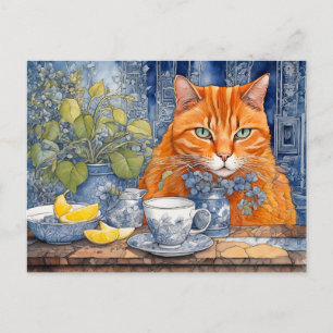 Orangefarbene Katze mit Zitrone Tee Postkarte