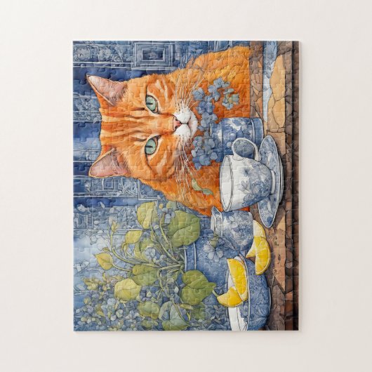 Orangefarbene Katze mit Zitrone Tee Puzzle (Vertikal)
