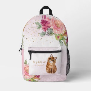 Orangefarbene Katzen-Illustration und Blumengurt Bedruckter Rucksack