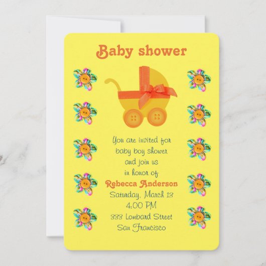 Orangefarbene Kinderwagen, rosa, lila genähte Blum Einladung (Vorderseite)