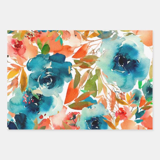 Orangefarbene Korallen Aquamarin Wasserfarben Flor Geschenkpapier Set (Vorderseite)