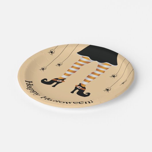 Orangefarbene Legen und Spinnen glücklich Hallowee Pappteller (Schrägansicht)