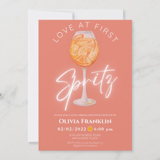 Orangefarbene Liebe im ersten Spritz-Brautparty Einladung (Vorderseite)