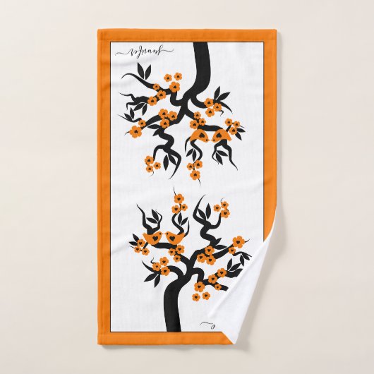 Orangefarbene Liebesvögel Kirschbaum, Blüten und G Badhandtuch Set (Handtuch)