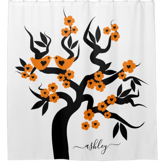 Orangefarbene Liebesvögel Sakura Kirschbaum Duschvorhang (Vorderseite)