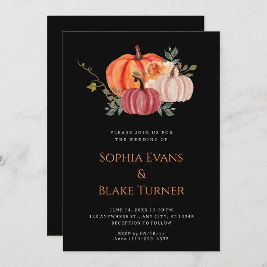 Orangefarbene Lila und weiße Kürbis-Schwarze Hochz Einladung (Vorne/Hinten)
