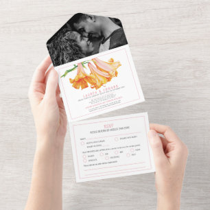 Orangefarbene liläre Hochzeit RSVP Optionen All In One Einladung