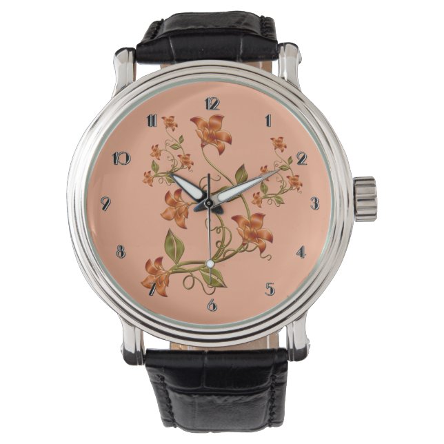 Orangefarbene Lilien Blumenmuster Armbanduhr (Vorderseite)
