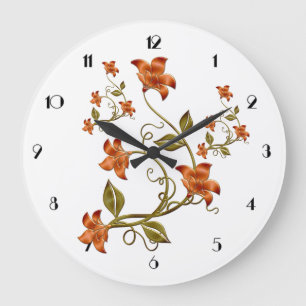 Orangefarbene Lilien, Muster, Wandklemme Große Wanduhr