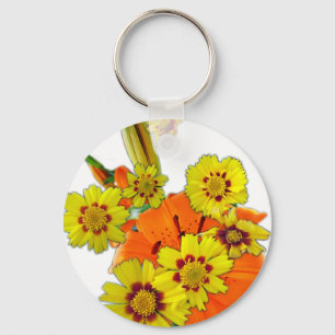 orangefarbene Lilien- und Gänseblümchen-Blumen Schlüsselanhänger