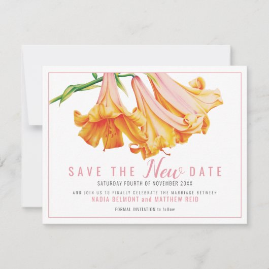 Orangefarbene Lilienhochzeit rettete das NEUE Datu Save The Date (Vorderseite)
