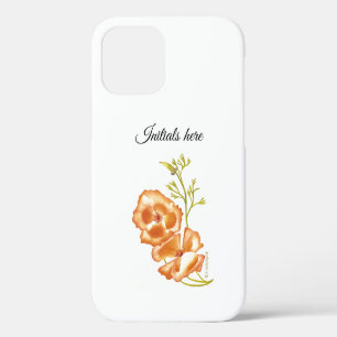 Orangefarbene Mohn-Blume, grüne Blätter, Monogramm iPhone 12 Hülle