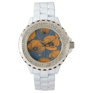 Orangefarbene Mohn in dunkelblau Armbanduhr