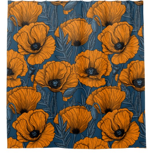Orangefarbene Mohn in dunkelblau Duschvorhang (Vorderseite)