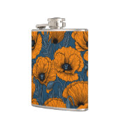 Orangefarbene Mohn in dunkelblau Flachmann (Links)