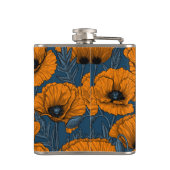 Orangefarbene Mohn in dunkelblau Flachmann (Rückseite)