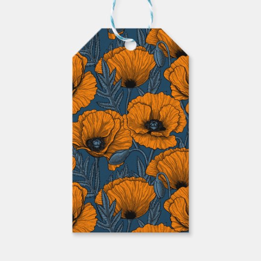 Orangefarbene Mohn in dunkelblau Geschenkanhänger (Vorderseite)