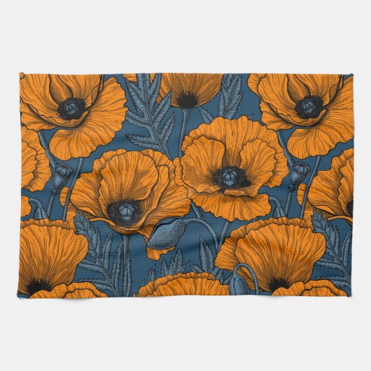 Orangefarbene Mohn in dunkelblau Geschirrtuch (Horizontal)
