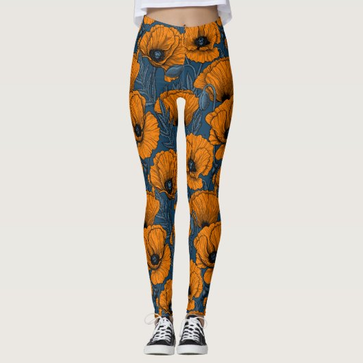 Orangefarbene Mohn in dunkelblau Leggings (Vorderseite)