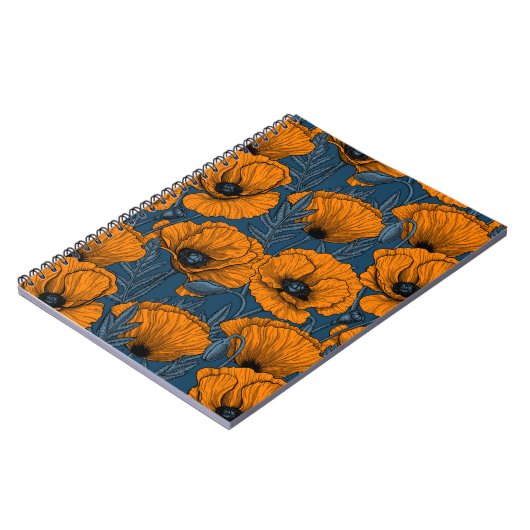 Orangefarbene Mohn in dunkelblau Notizblock (Linke Seite)