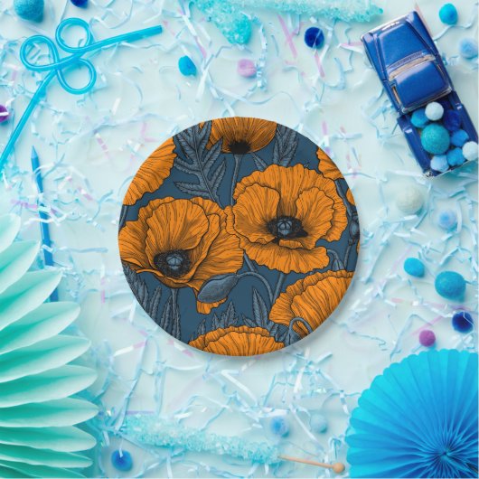 Orangefarbene Mohn in dunkelblau Pappteller (Party)