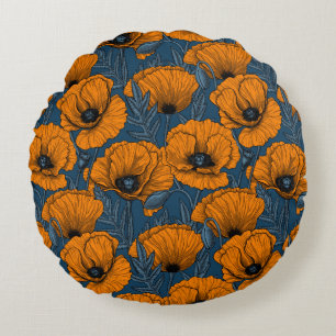 Orangefarbene Mohn in dunkelblau Rundes Kissen
