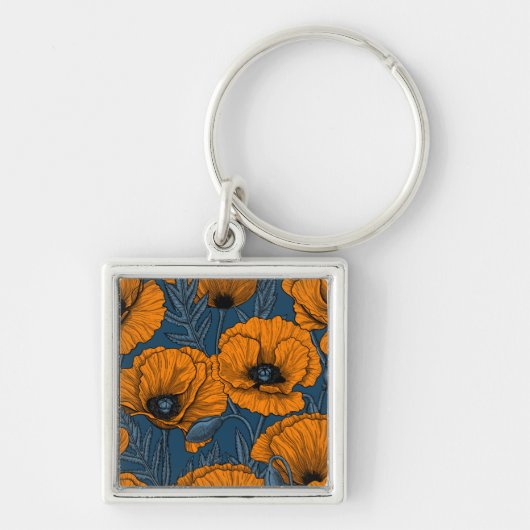 Orangefarbene Mohn in dunkelblau Schlüsselanhänger (Vorne)